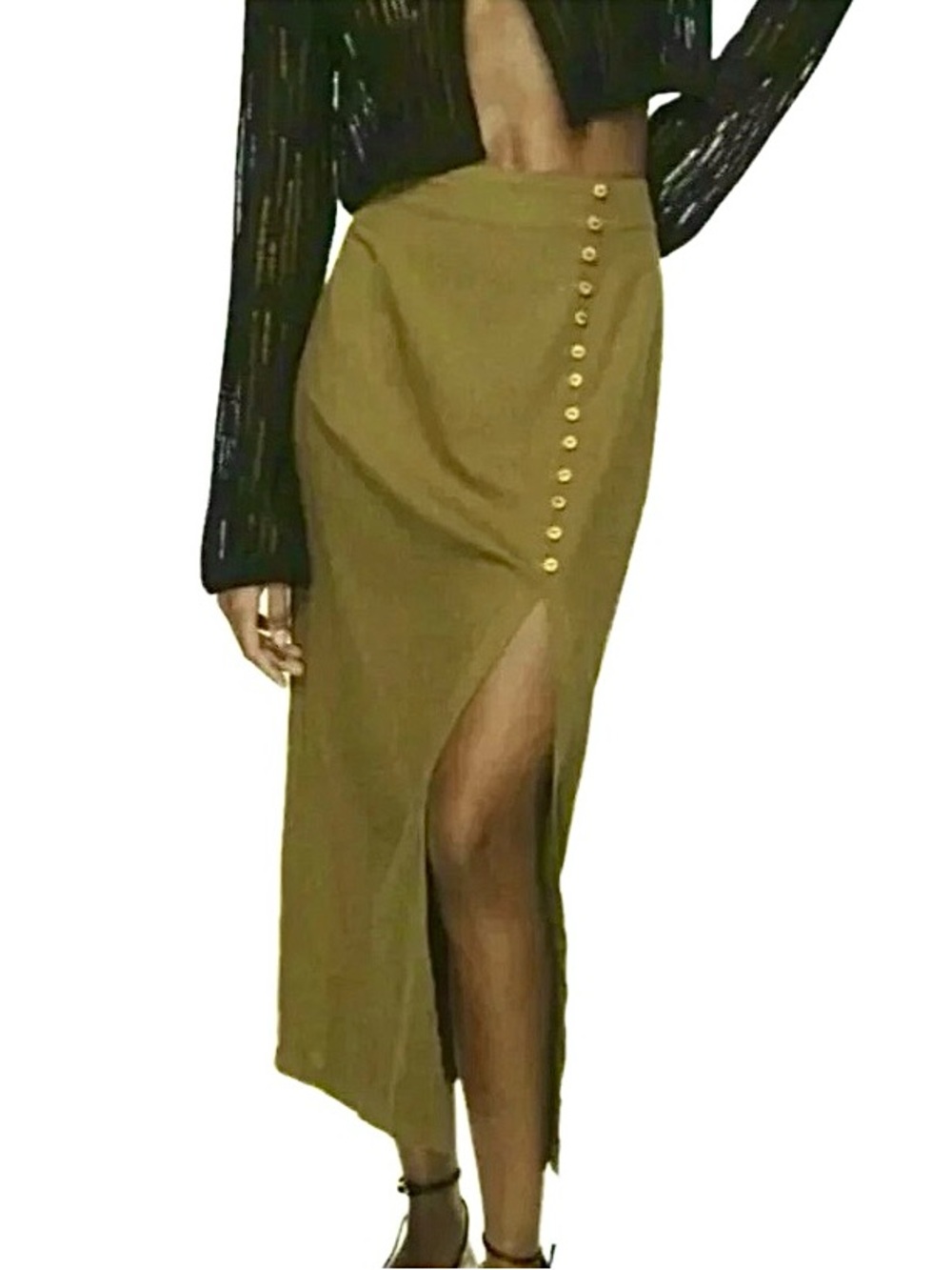 NWT Zara Linen Blend Button Front Slit Midi Skirt Pistachio Green Minimalist XL